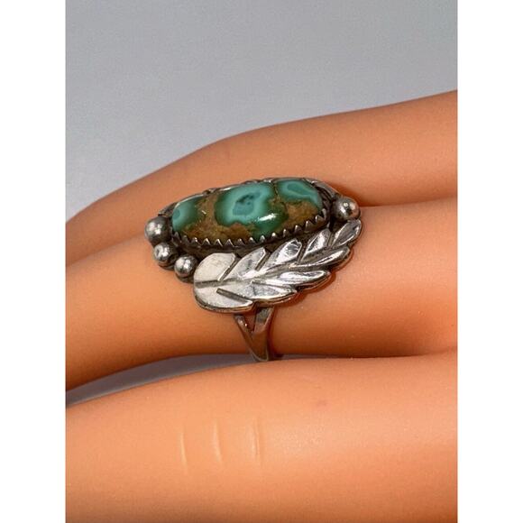 Vintage Betty Thomas Sanel Navajo Sterling Silver 925 Turquoise Leaf Ring - Picture 5 of 8